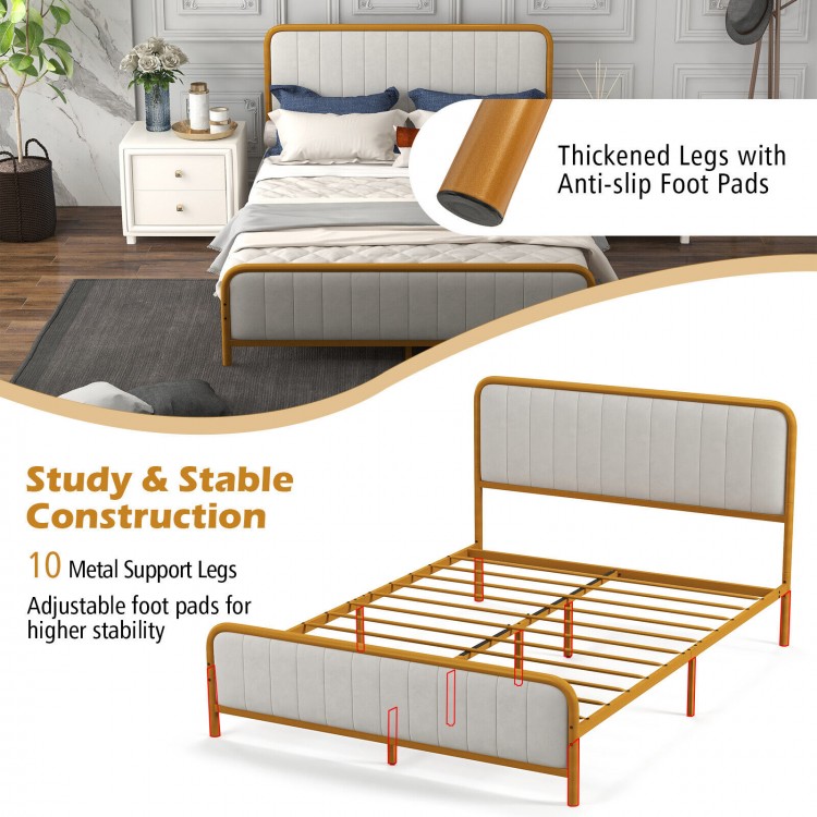 Upholstered gold platform bed frame with velvet headboard, featuring sturdy metal slats and adjustable foot pads for.