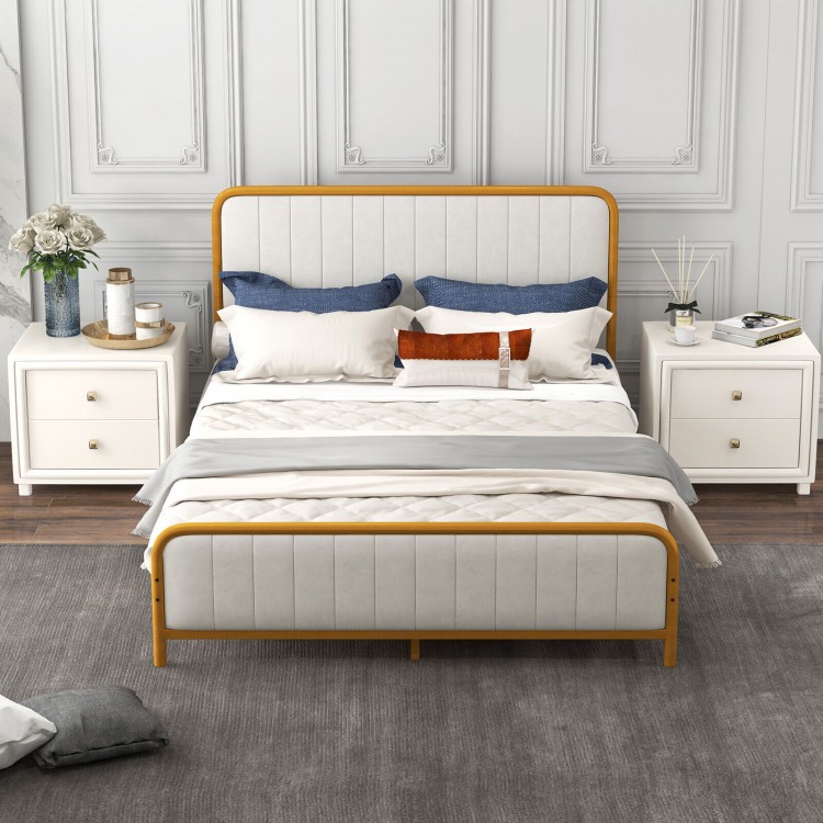 Upholstered queen size bed frame with gold metal accents and velvet headboard, perfect for stylish bedroom decor.