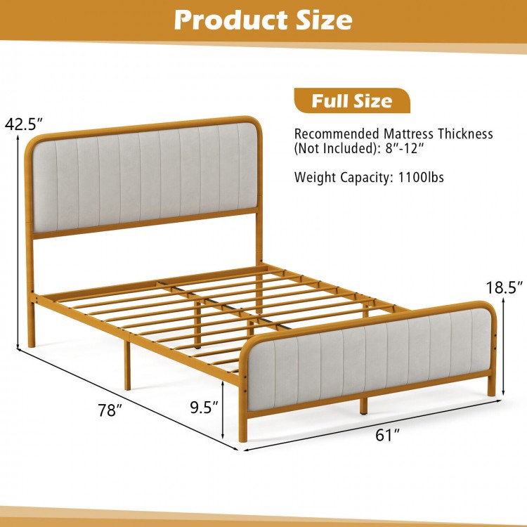 Full size upholstered gold platform bed frame with velvet headboard, solid metal slats, for stylish bedroom support.