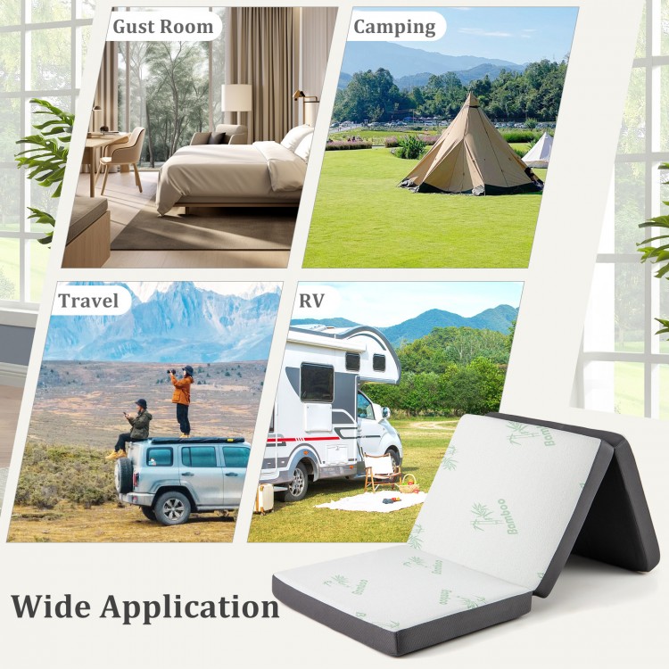 Tri-fold foam mattress in gray, ideal for guest rooms, camping, and travel, featuring a washable cover and compact.