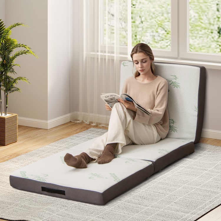 Tri-fold foam mattress in gray, featuring a washable cover, ideal for yoga, guest sleeping, and space-saving storage.