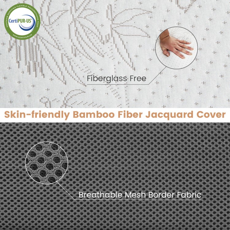 Bamboo fiber jacquard cover and breathable mesh border fabric of a 4-inch cooling gel memory foam mattress.
