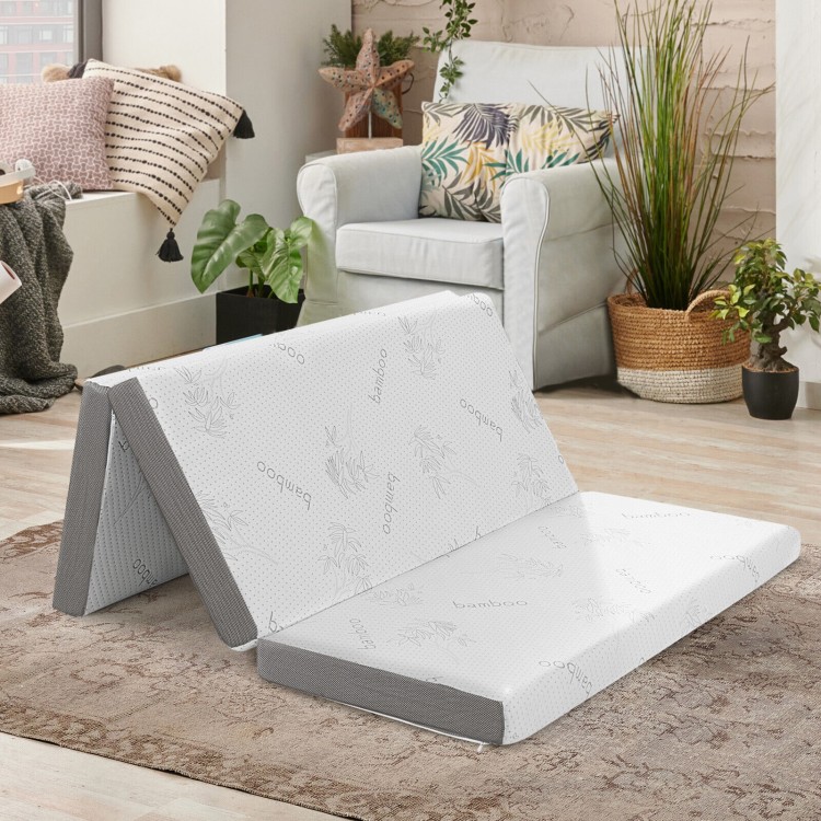 Tri-fold cooling gel memory foam mattress with breathable bamboo cover, ideal for portable sleeping and lounging.
