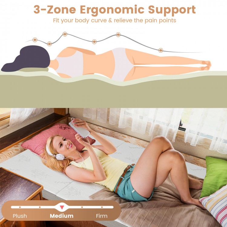 4-inch tri-fold cooling gel memory foam mattress with bamboo cover, ideal for portable sleeping and lounging.