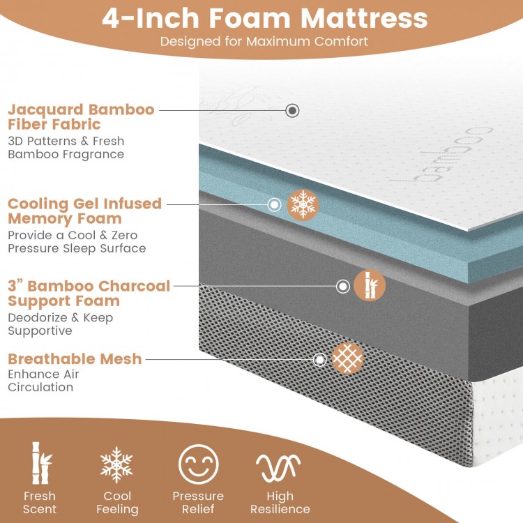 4-inch tri-fold cooling gel memory foam mattress with breathable bamboo cover for comfortable sleep and versatile use.