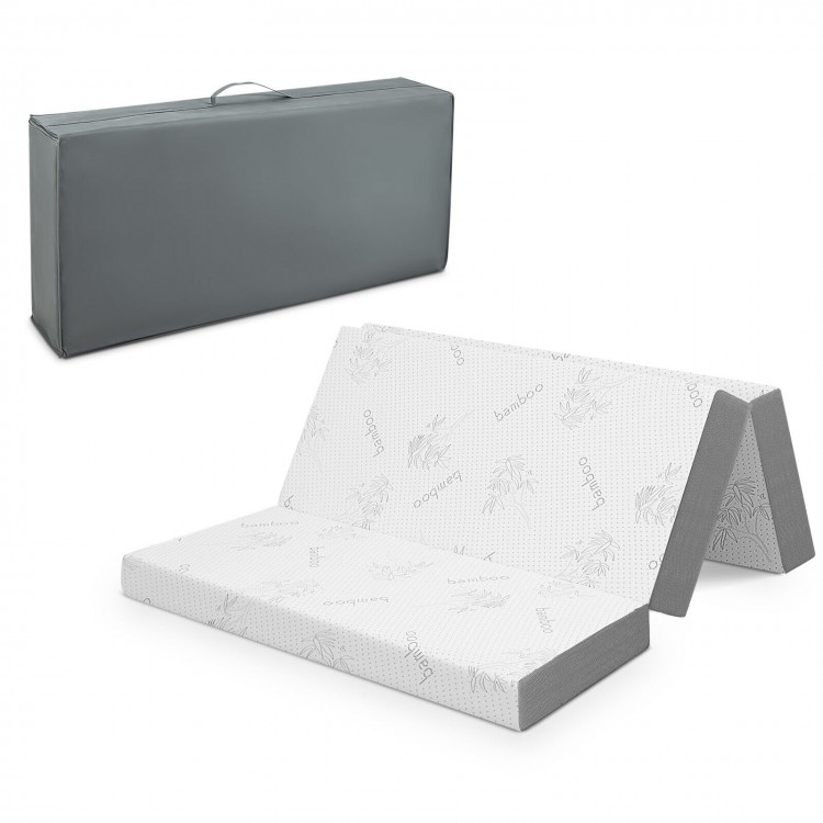 Tri-fold cooling gel memory foam mattress with bamboo cover, ideal for portable sleeping and lounging.