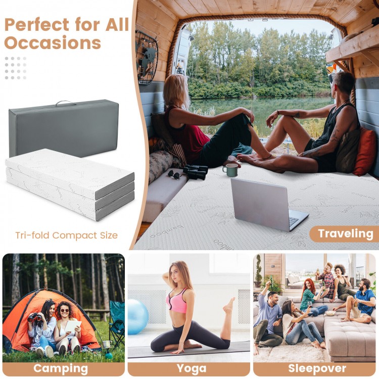 Tri-fold cooling gel memory foam mattress in a portable design, ideal for camping, traveling, and versatile sleeping.