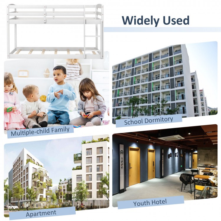 Twin size white bunk bed with high guardrails and integrated ladder, ideal for kids' rooms and dormitories.