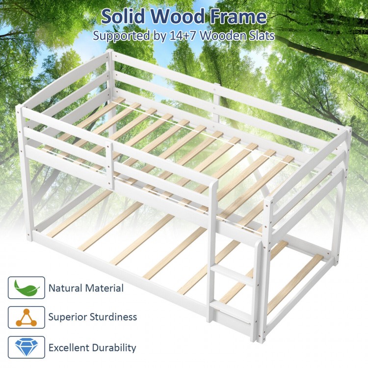Twin size bunk bed in white with solid wood frame, high guardrails, and integrated ladder for kids' rooms.