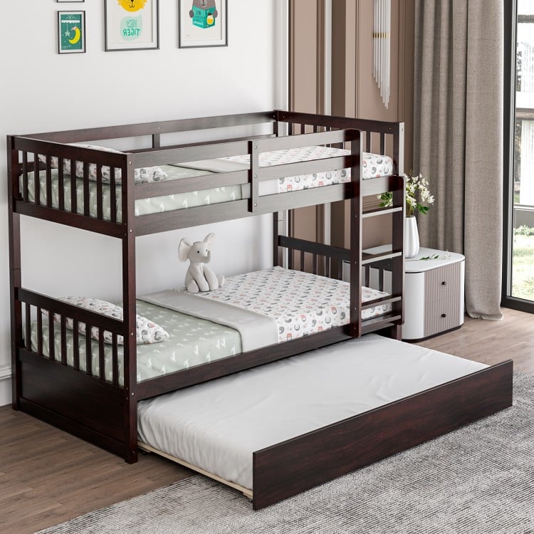 Twin Over Twin Bunk Bed with Pull-out Trundle and Ladder-EspressoCostway Gallery View 1 of 10