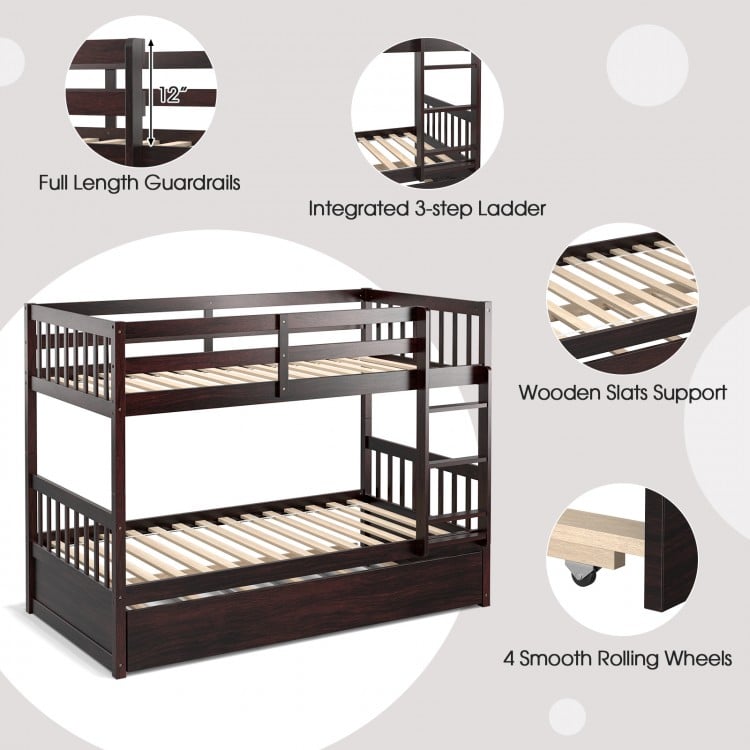 Twin Over Twin Bunk Bed with Pull-out Trundle and Ladder-EspressoCostway Gallery View 10 of 10