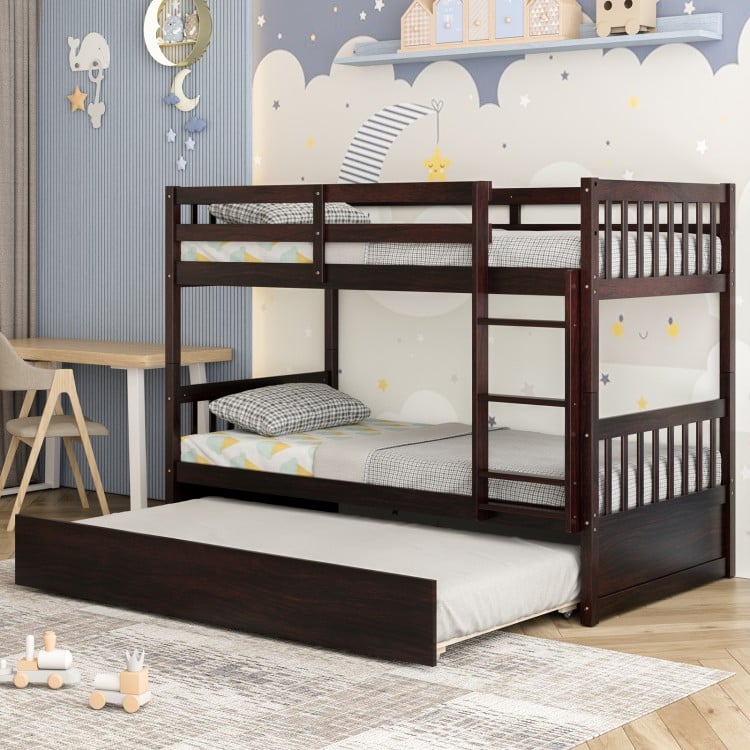 Twin Over Twin Bunk Bed with Pull-out Trundle and Ladder-EspressoCostway Gallery View 2 of 10