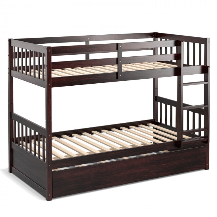 Twin Over Twin Bunk Bed with Pull-out Trundle and Ladder-EspressoCostway Gallery View 3 of 10