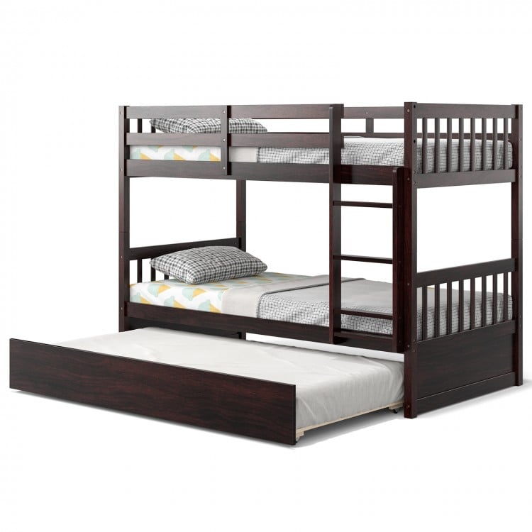 Twin Over Twin Bunk Bed with Pull-out Trundle and Ladder-EspressoCostway Gallery View 4 of 10