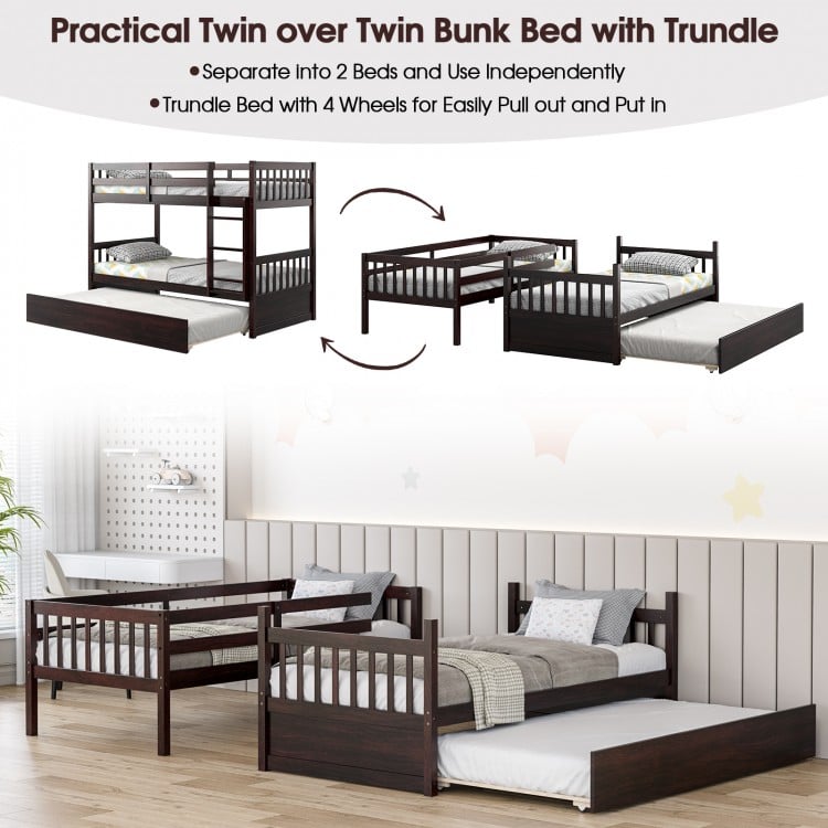 Twin Over Twin Bunk Bed with Pull-out Trundle and Ladder-EspressoCostway Gallery View 7 of 10