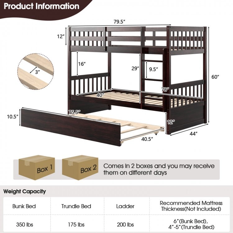 Twin Over Twin Bunk Bed with Pull-out Trundle and Ladder-EspressoCostway Gallery View 5 of 10