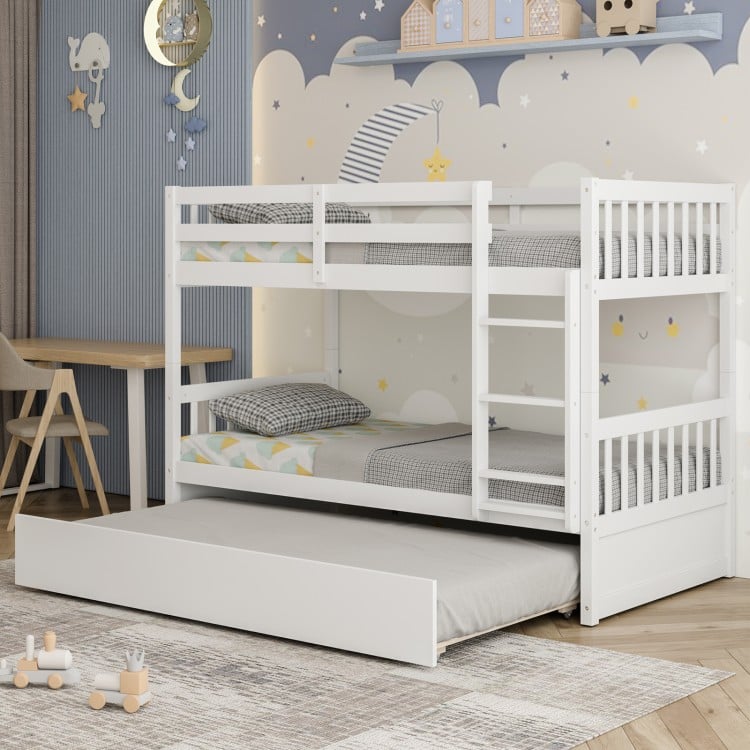 Bunk bed in white featuring a pull-out trundle and 12.5" guardrails, perfect for maximizing space in bedrooms.
