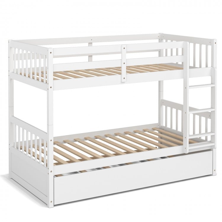 Bunk bed in white with a movable trundle on wheels, featuring solid pine wood and full-length guardrails for safety.