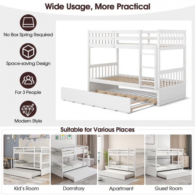 Twin over twin bunk bed in white with pull-out trundle, solid pine wood frame, ideal for dormitories and guest rooms.