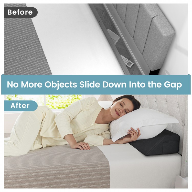 Trapezoidal bed wedge pillow fills gaps, supports spinal alignment, and features side storage pockets for convenience.