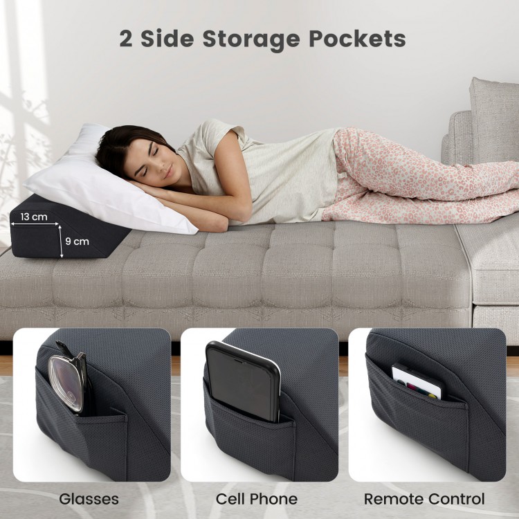 Bed wedge pillow with two side storage pockets for glasses and cell phone, designed for optimal spinal alignment.