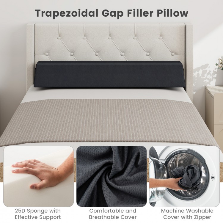 Trapezoidal gap filler pillow with breathable cover, 25D sponge support, ideal for bed or sofa use.