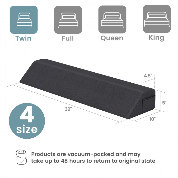 Twin size bed wedge pillow with storage pockets, designed to fill gaps and support spinal alignment for comfort.