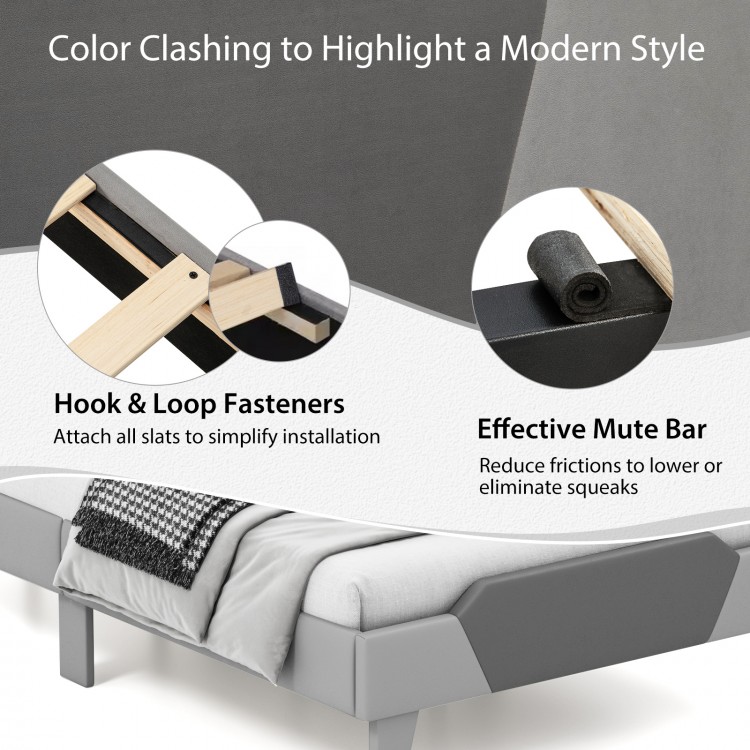 Detail of the velvet upholstered bed frame showing hook and loop fasteners and an effective mute bar for noise.