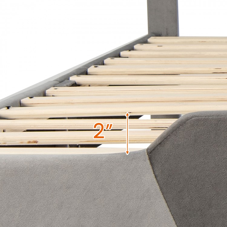 Close-up of the 2" elevated footboard design of the Full/Queen/Twin velvet upholstered bed frame for mattress stability.