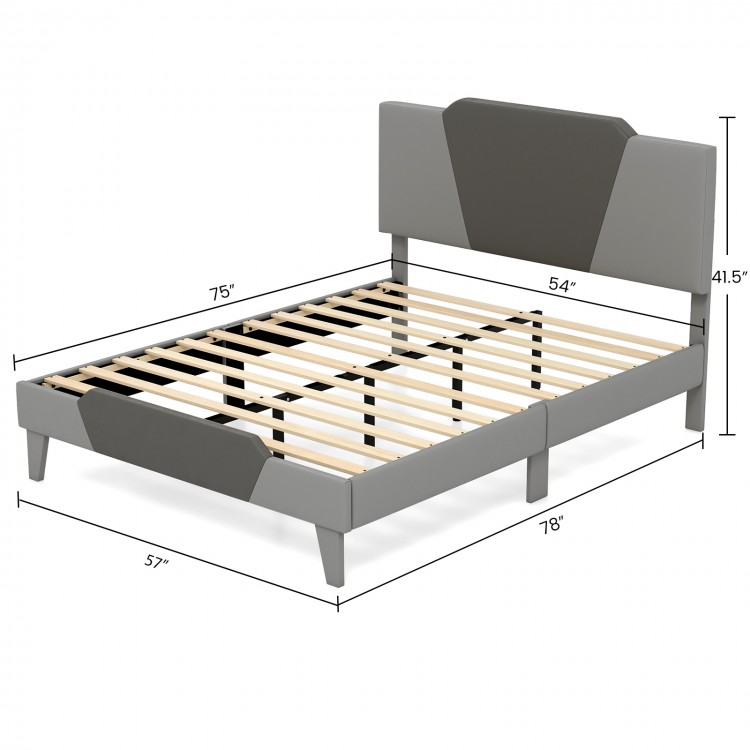 Full size velvet upholstered bed frame with high headboard, featuring strong slats and modern color clashing design.