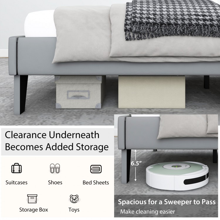 Velvet upholstered bed frame with high headboard, featuring under-bed storage for suitcases and easy cleaning access.