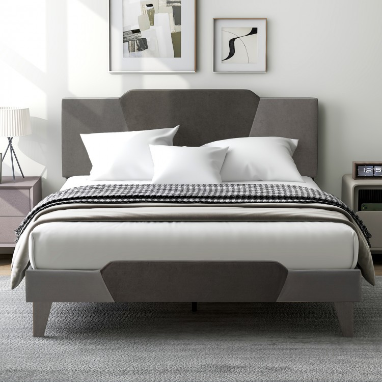 Queen size velvet upholstered bed frame with high headboard, featuring a modern design and strong support slats.