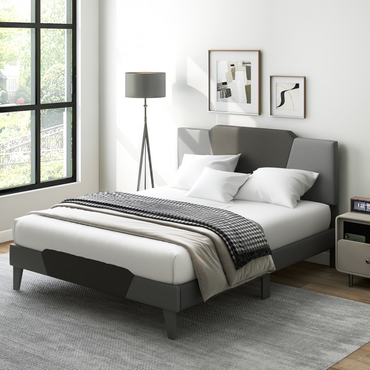 Queen size velvet upholstered bed frame with high headboard, showcasing a stylish modern aesthetic in a bright bedroom.