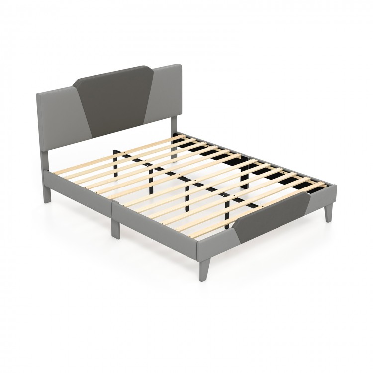 Queen size velvet upholstered bed frame with high headboard and sturdy slats for strong support and modern style.