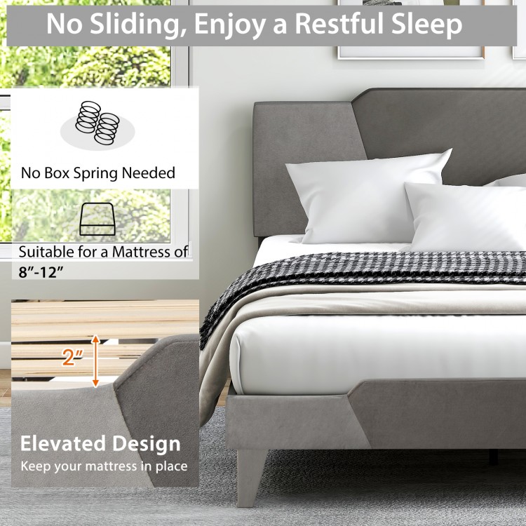 Queen size velvet upholstered bed frame with high headboard, featuring an elevated design to keep your mattress in.