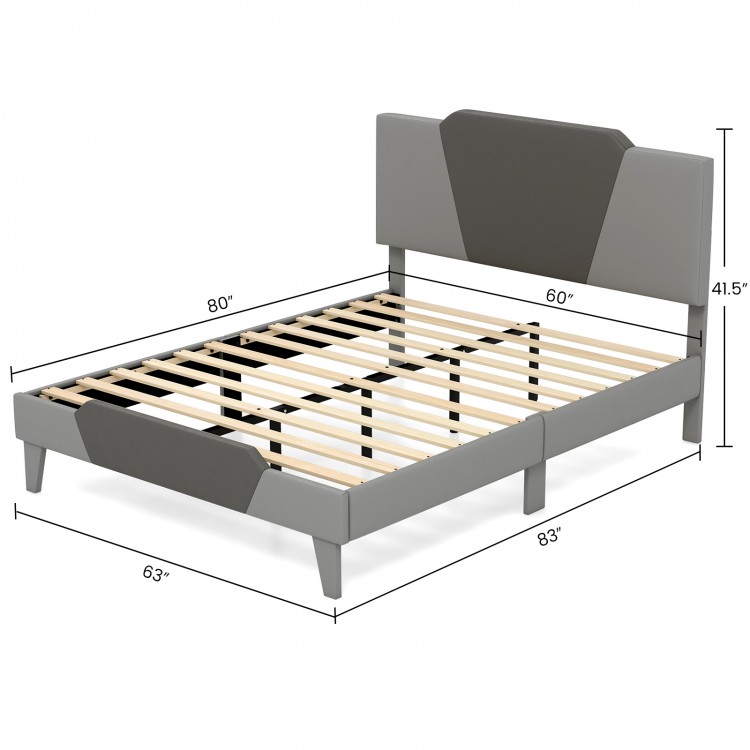 Queen size velvet upholstered bed frame with high headboard, featuring strong slats and modern color clashing design.