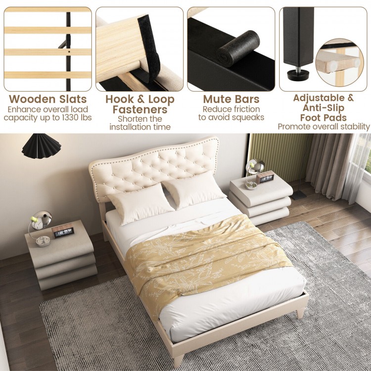 Full size bed frame with nail headboard, wooden slats, and adjustable foot pads for enhanced stability and support.