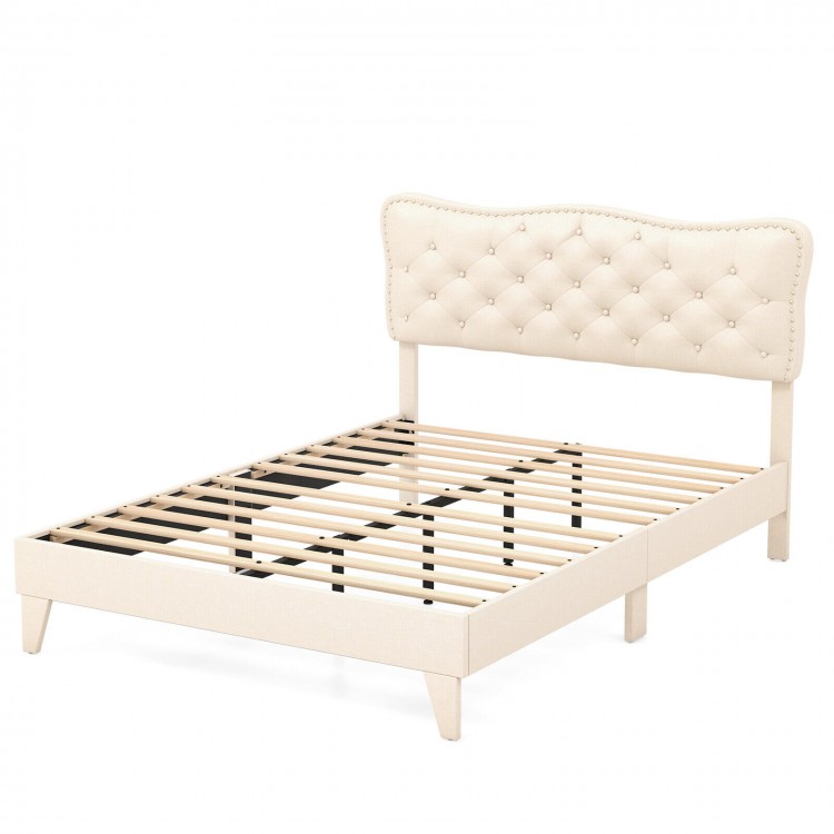 Full size bed frame with elegant nail headboard, wooden slats, and breathable linen fabric for enhanced comfort.