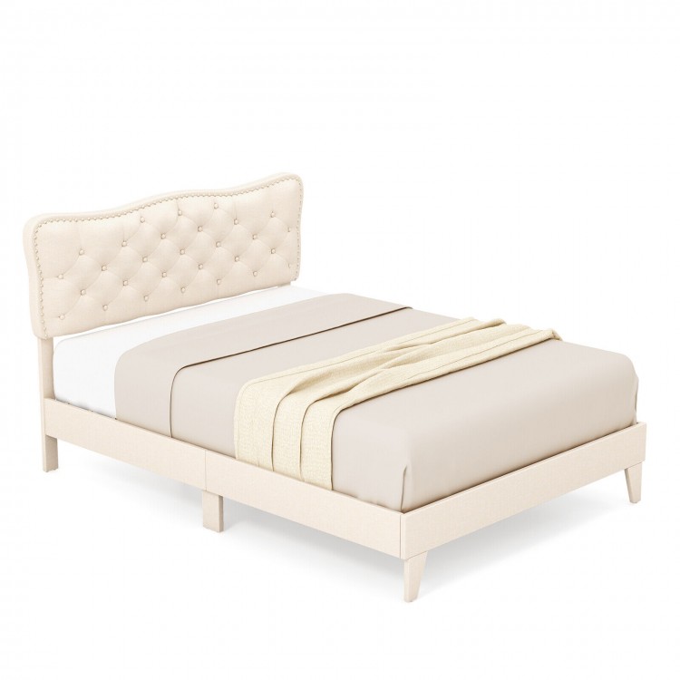 Full size bed frame with elegant nail headboard, breathable linen fabric, and sturdy wooden slats for stability.