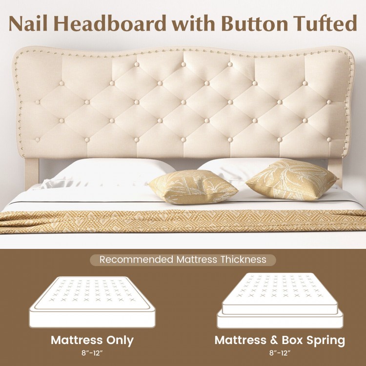 Nail headboard with button tufting on a full size bed frame, featuring breathable linen fabric and wooden slats for.