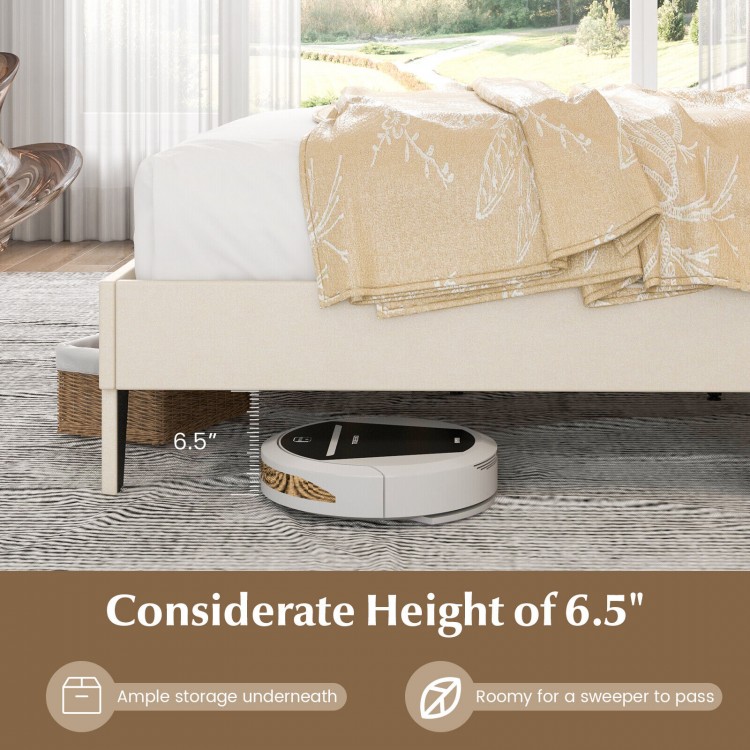Full size bed frame with nail headboard, 6.5" height for easy sweeper access, sturdy wooden slats support up to 1330.