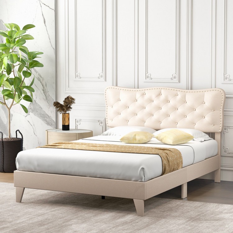 Full size bed frame with elegant nail headboard, breathable linen fabric, and sturdy wooden slats for support.