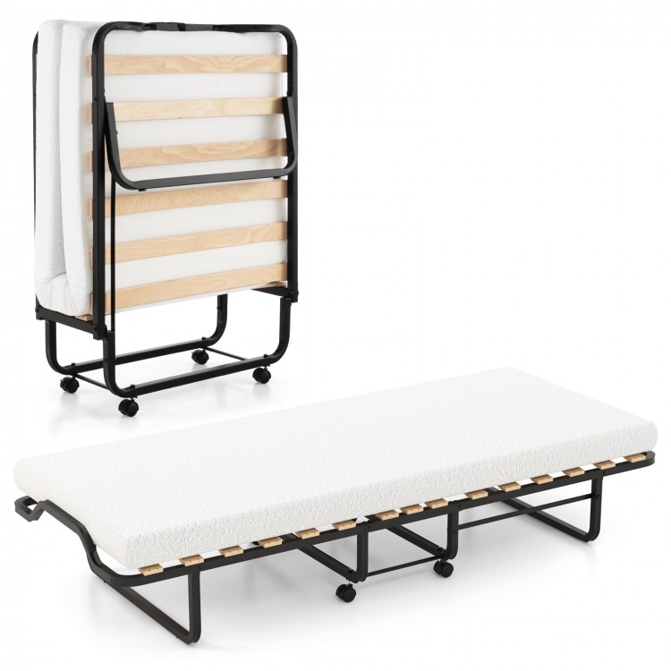 Twin size folding bed with foam mattress, lockable wheels, and sturdy birch wood slats for easy storage and support.