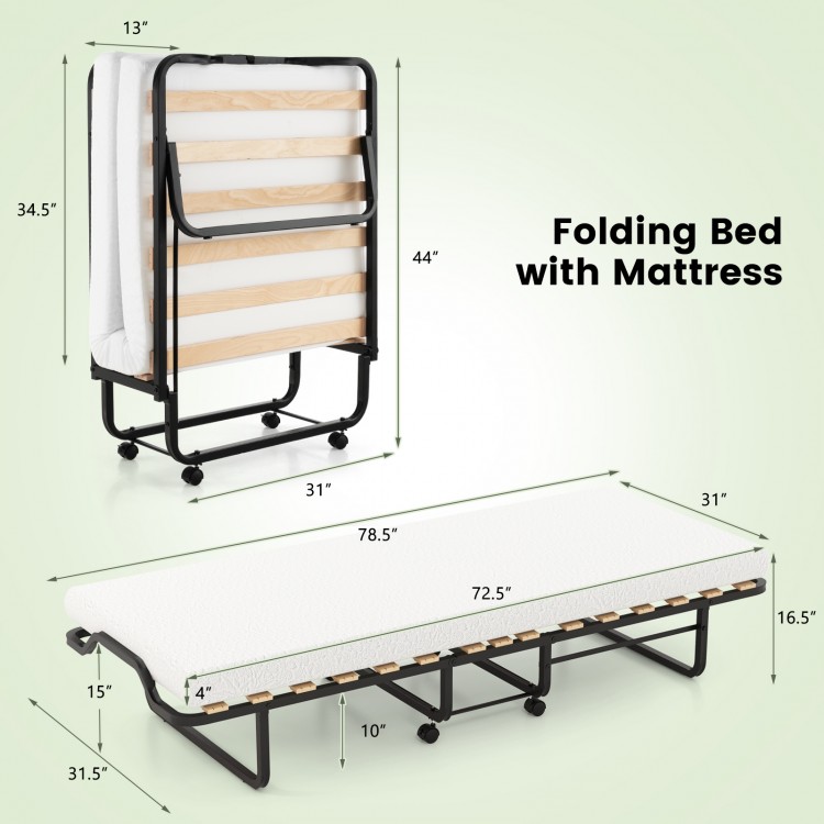 Twin size folding bed with foam mattress, featuring lockable wheels and a sturdy metal frame for easy storage and.