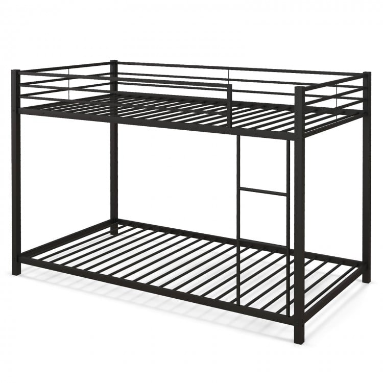Low profile twin over twin metal bunk bed in black with full-length guardrails and ladder for safe access.