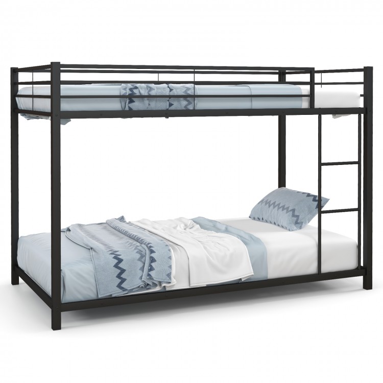 Twin over twin metal bunk bed in black with full-length guardrails and ladder for easy access, ideal for kids' rooms.
