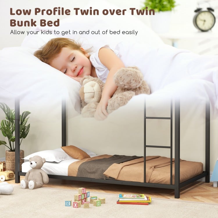 Low profile twin over twin metal bunk bed in black featuring a sturdy ladder and space-saving design for kids' rooms.