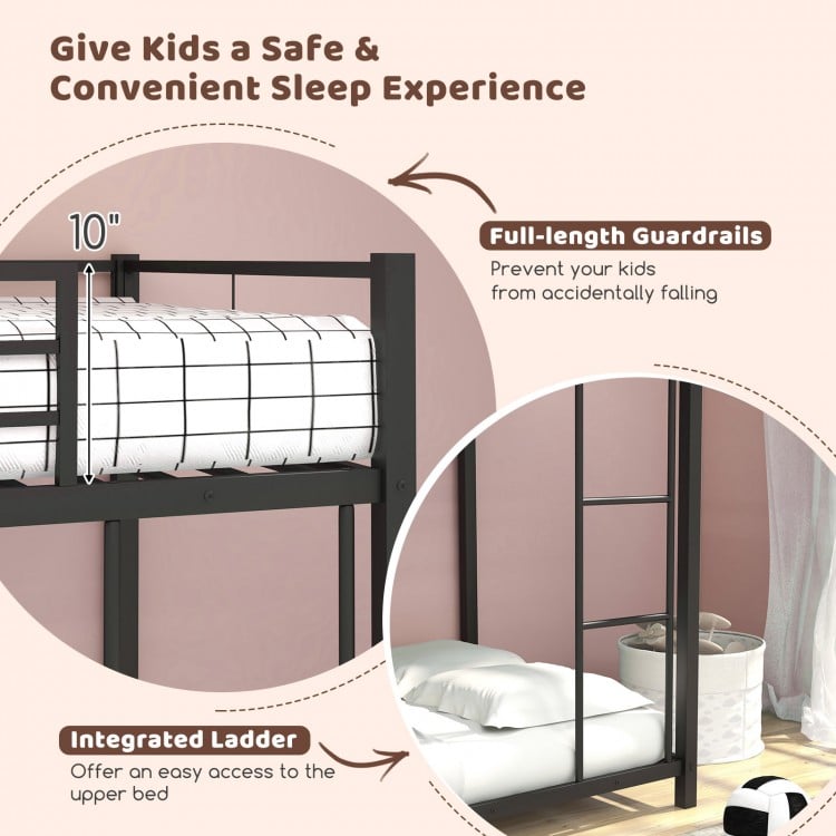 Low profile twin over twin metal bunk bed in black with full-length guardrails and integrated ladder for safety.