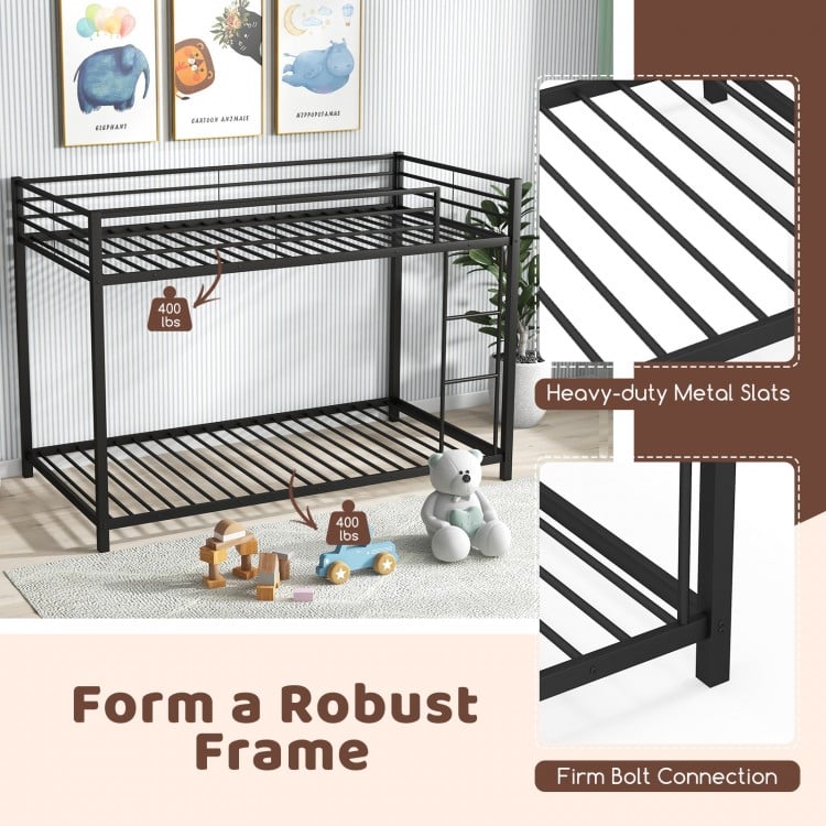 Twin over twin metal bunk bed in black with heavy-duty slats and full-length guardrails for safety and durability.