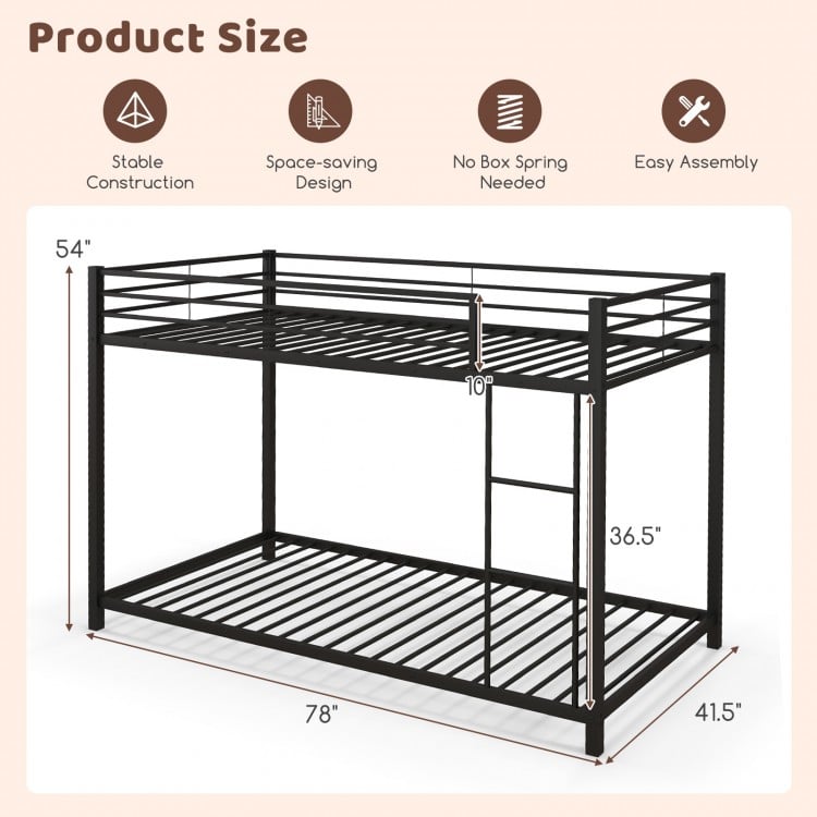 Low profile twin over twin metal bunk bed in black with full-length guardrails and ladder for easy access.